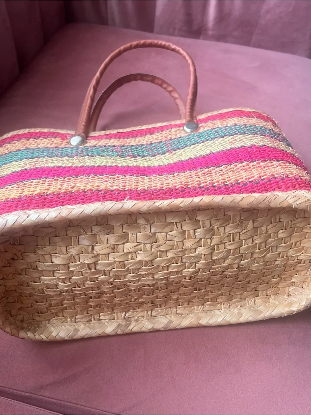 Striped Straw Tote Bag with Pink, Natural & Mint Accents - Picture 2 of 7